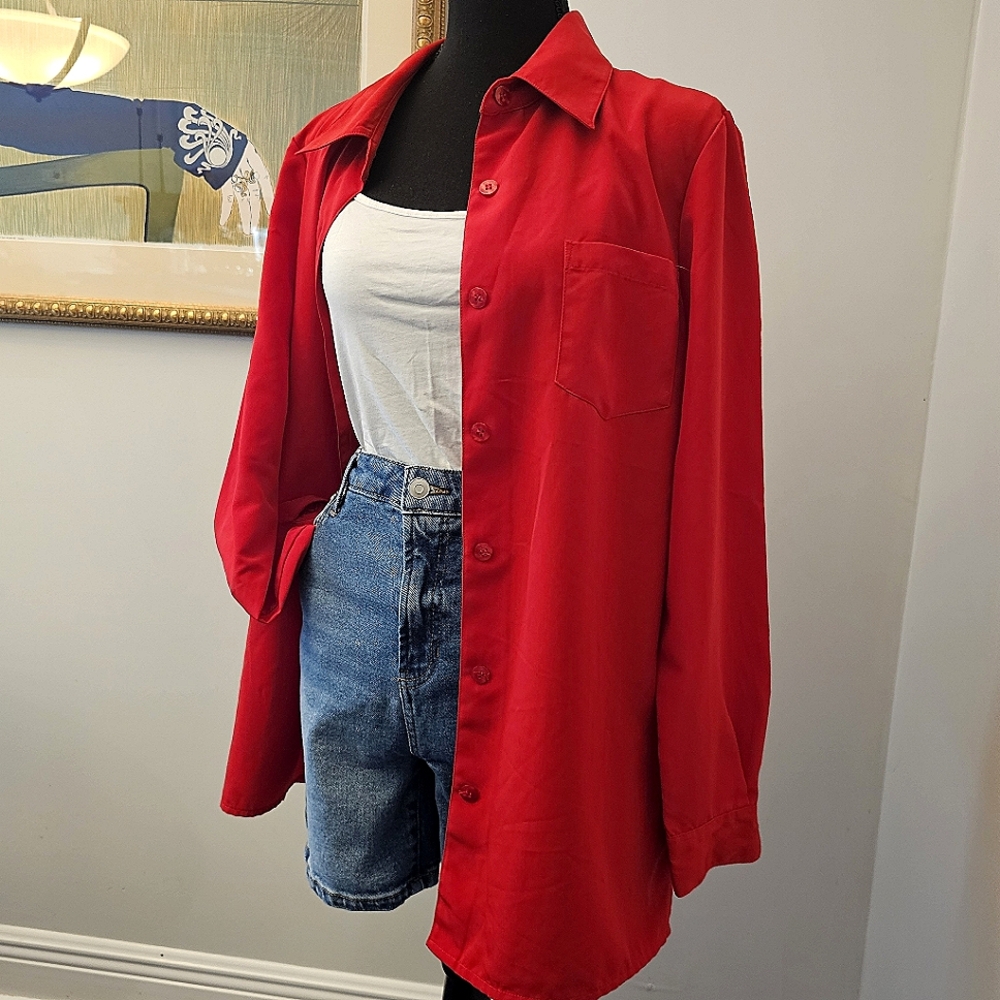 Vintage Vibrant Red Button-Down Basic Editions Bl… - image 1